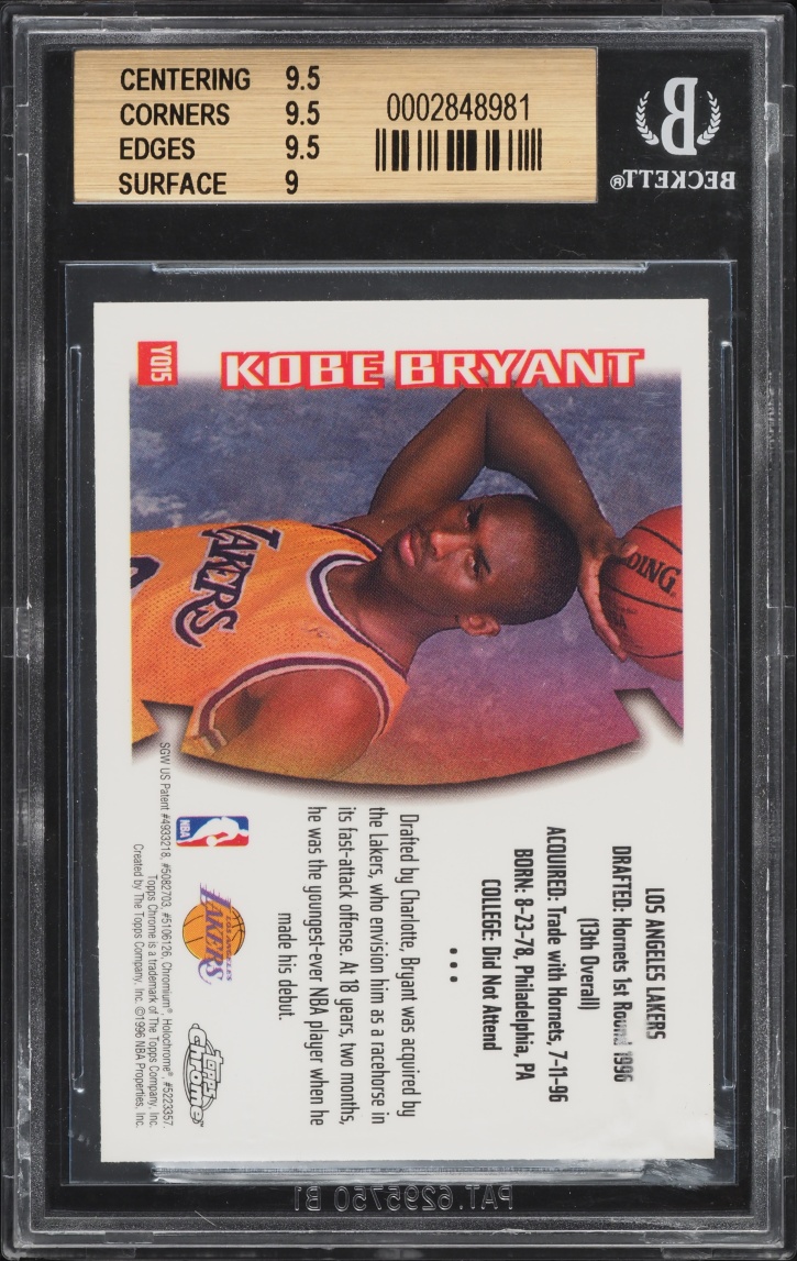 1996 Topps Chrome Youthquake Kobe Bryant ROOKIE #YQ15 BGS 9.5 GEM MINT