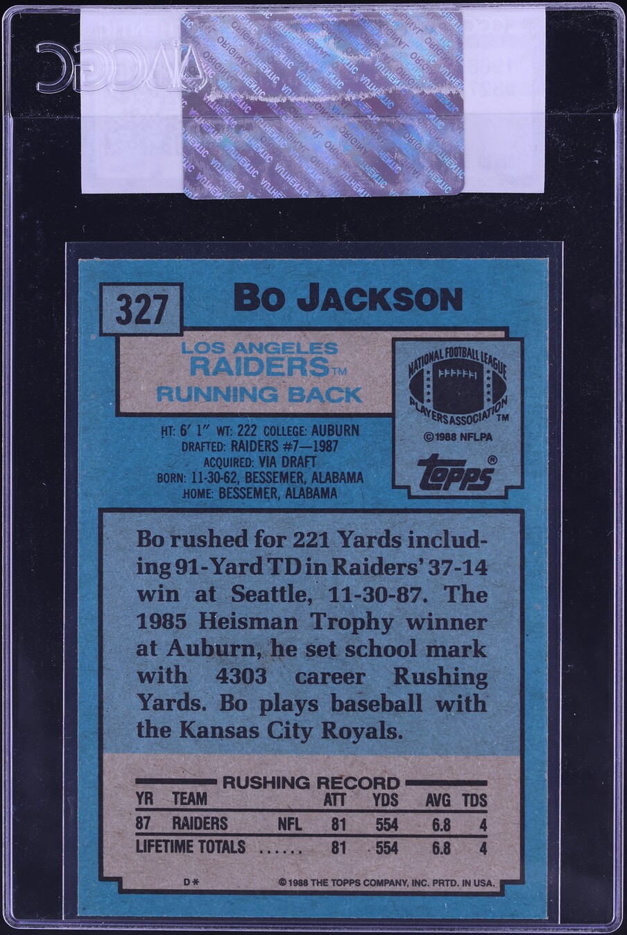 1988 Topps Football Bo Jackson ROOKIE #327 CGC AUTH