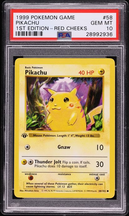 1999 Pokemon Base Set Shadowless 1st Edition Red Cheeks Pikachu #58 PSA 10 GEM MINT