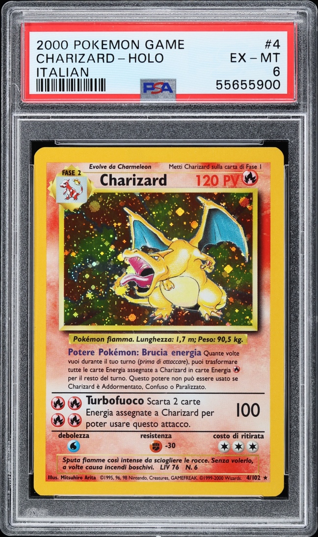 2000 Pokemon Italian Base Set Holo Charizard #4 PSA 6 EXMT