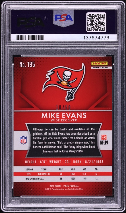 2015 Panini Prizm Violet Mosaic Mike Evans /50 #195 PSA 10 GEM MINT - Photo 2
