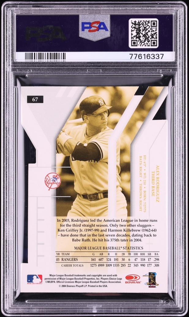 2004 Donruss Elite Extra Edition Status Gold Alex Rodriguez /10 #67 PSA 9 MINT - Photo 2