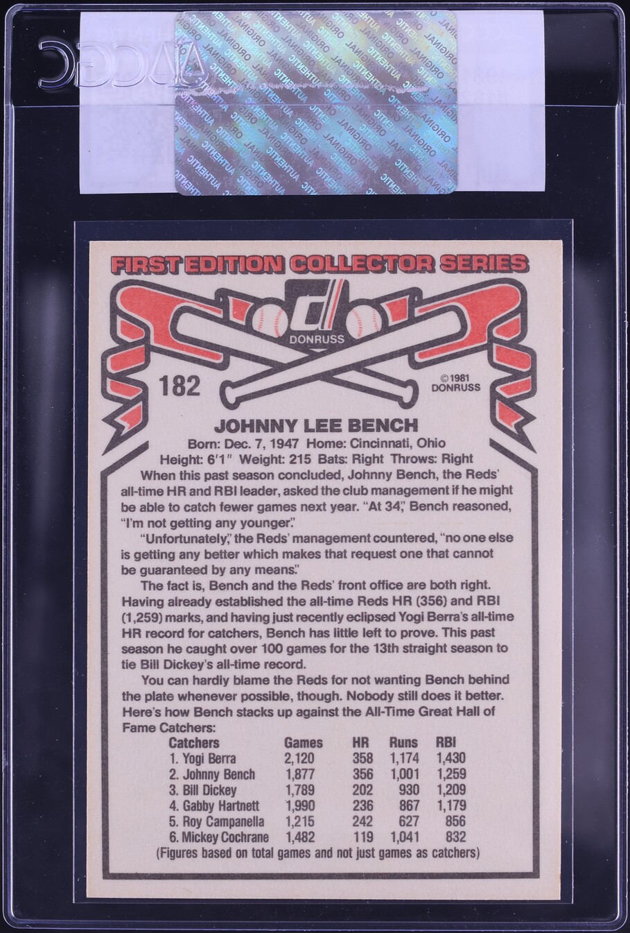 1981 Donruss Johnny Bench #182 CGC AUTH
