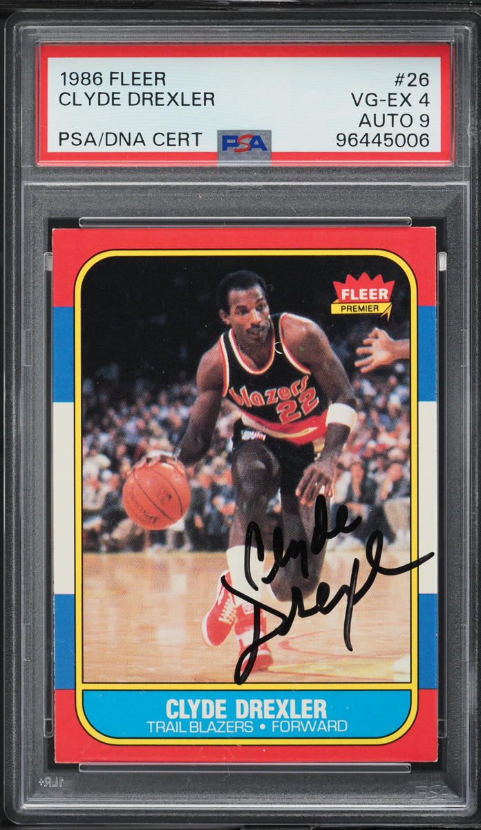 1986 Fleer Basketball Clyde Drexler ROOKIE AUTO DNA 9 #26 PSA 4 VGEX