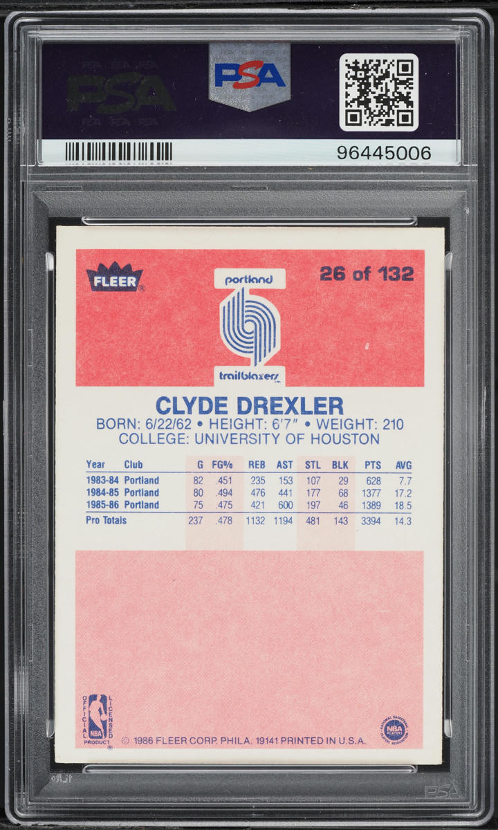 1986 Fleer Basketball Clyde Drexler ROOKIE AUTO DNA 9 #26 PSA 4 VGEX