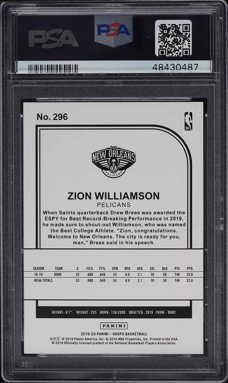 2019 Hoops Yellow Zion Williamson ROOKIE #296 PSA 10 GEM MINT