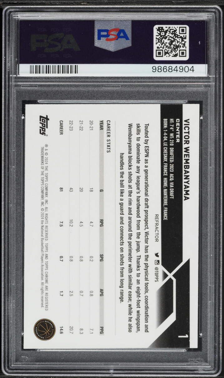 2023 Topps Chrome Refractor Victor Wembanyama ROOKIE #1 PSA 10 GEM MINT