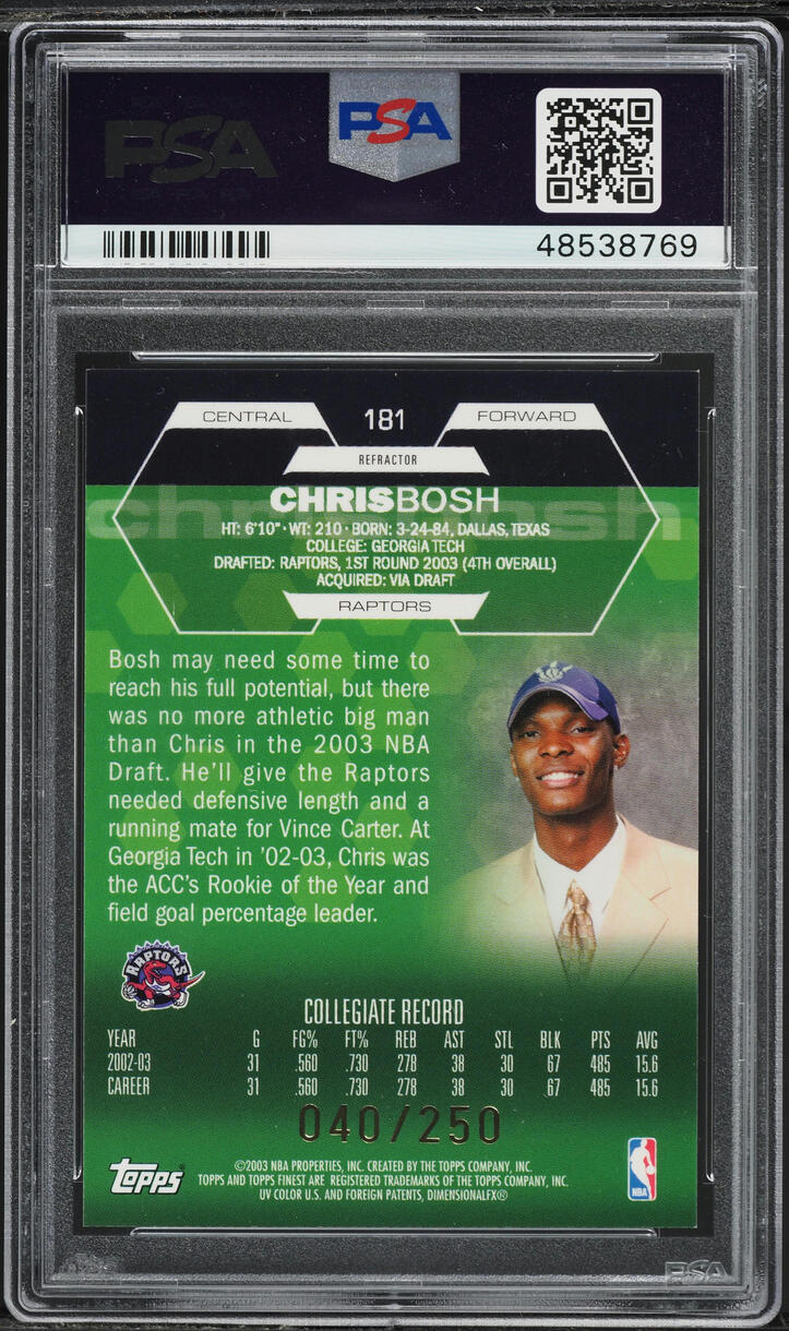 2002 Finest Basketball Refractor Chris Bosh ROOKIE /250 #181 PSA 9 MINT