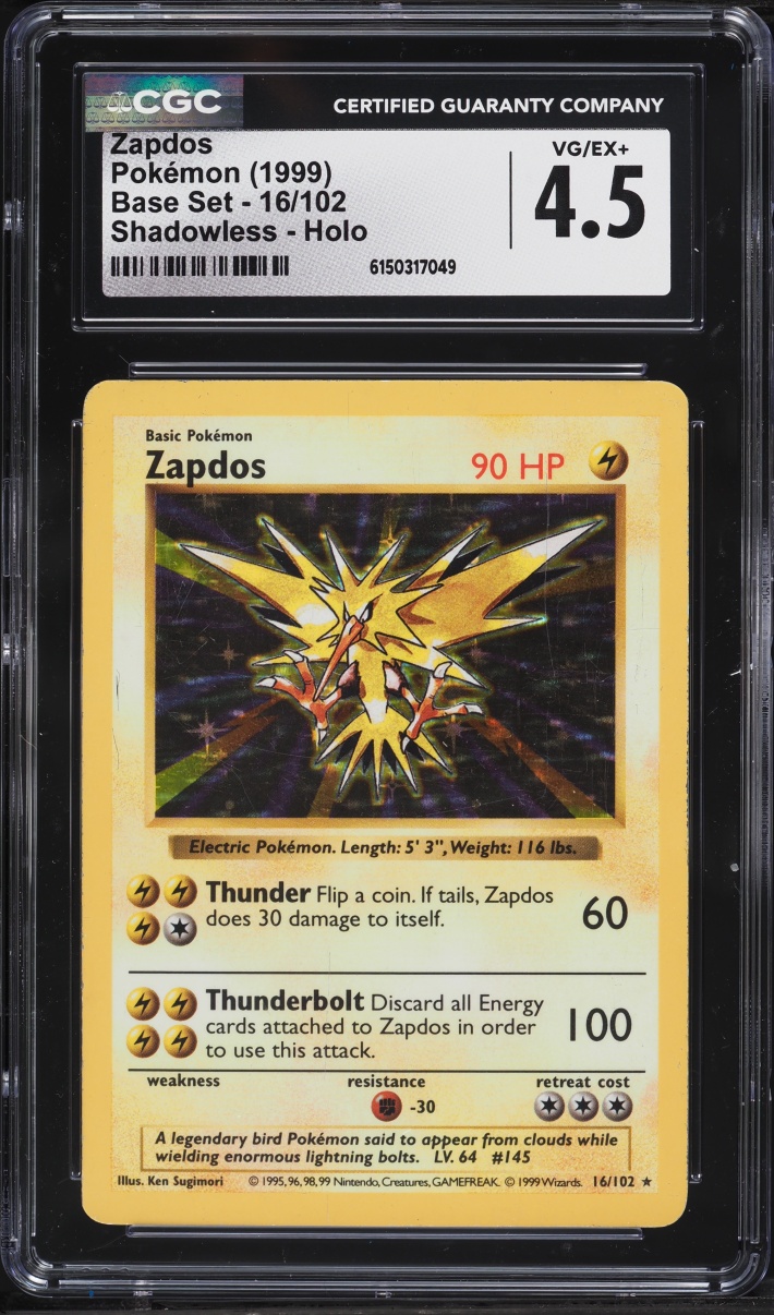 1999 Pokemon Base Set Shadowless Holo Zapdos #16 CGC 4.5 VGEX+