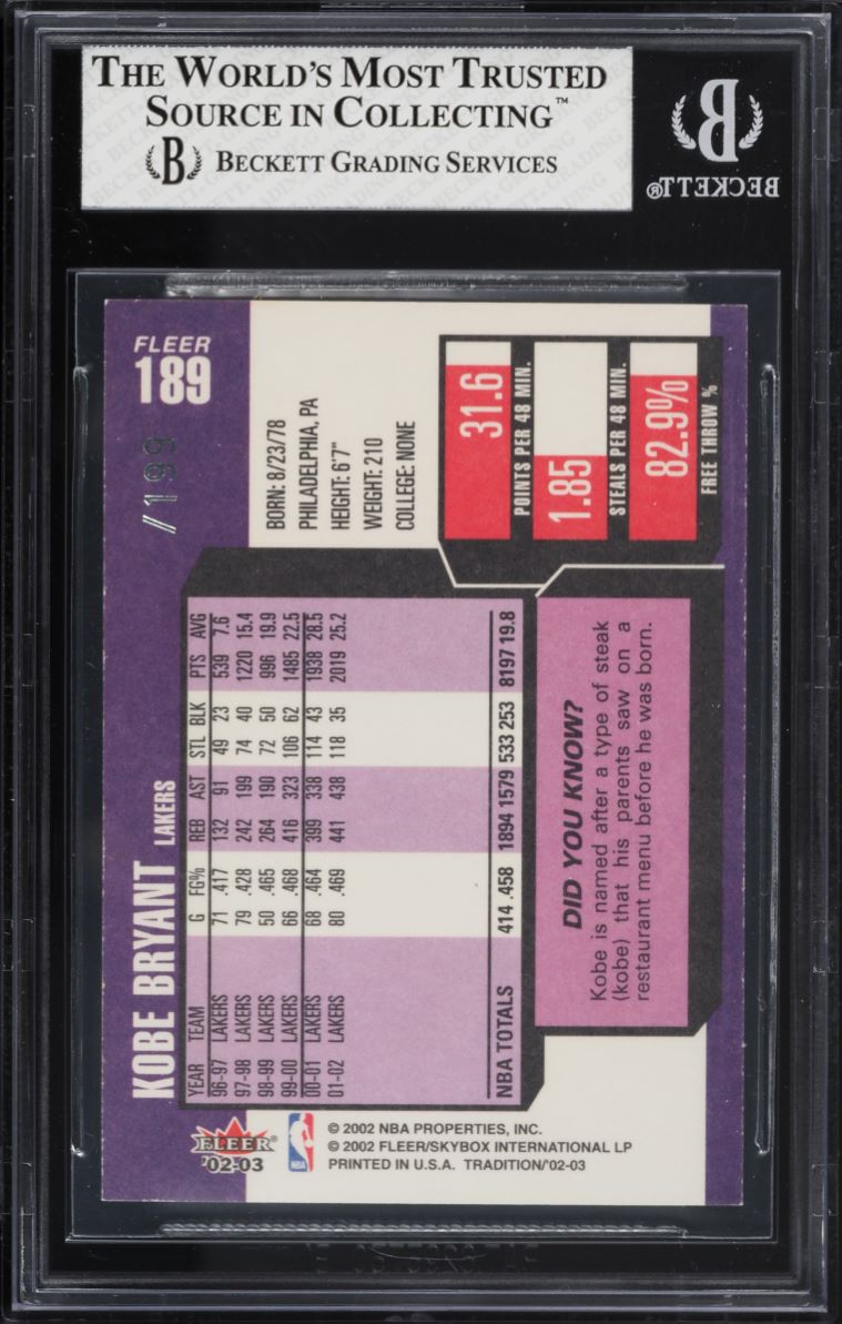 2002 Fleer Tradition Crystal Kobe Bryant MISSING SERIAL /199 #189 BGS 7.5 NRMT+