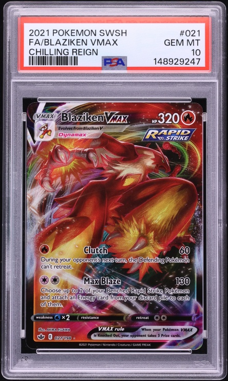 2021 Pokemon Sword & Shield Chilling Reign Full Art Blaziken VMAX #21 PSA 10 GEM MINT