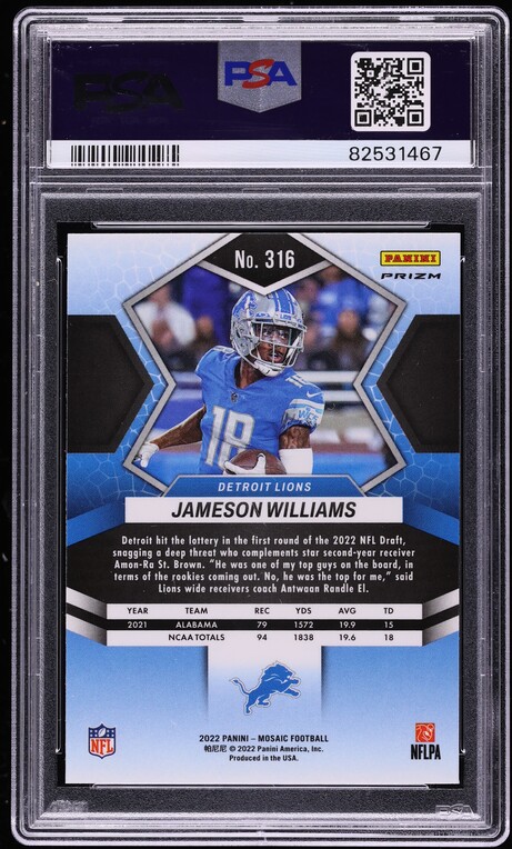 2022 Panini Mosaic Genesis Jameson Williams ROOKIE #316 PSA 10 GEM MINT