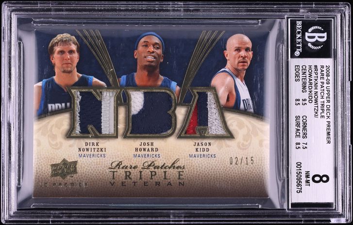 2008 Upper Deck Premier Rare Dirk Nowitzki Josh Howard Jason Kidd PATCH /15 #RPTKNH BGS 8 NM-MT
