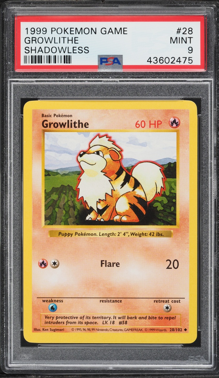 1999 Pokemon Base Set Shadowless Growlithe #28 PSA 9 MINT