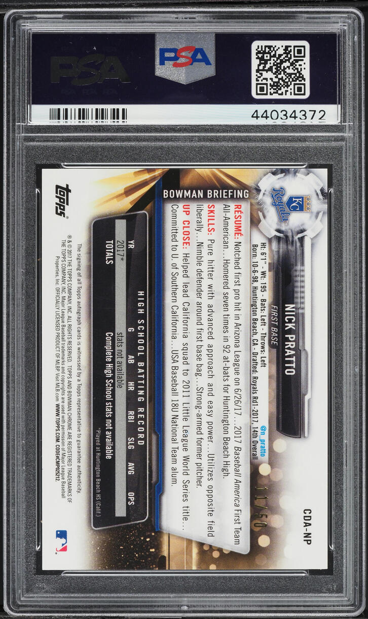 2017 Bowman Chrome Draft Gold Refractor Nick Pratto PROSPECT AUTO /50 PSA 10
