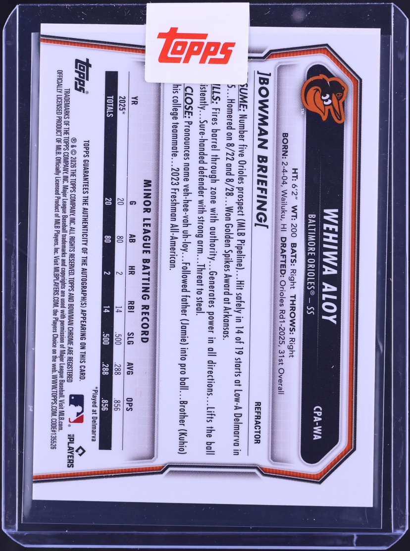 2026 Bowman Chrome Refractor Wehiwa Aloy PROSPECT AUTO /499 #CPA-WA