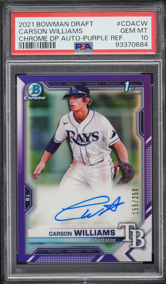 2021 Bowman Chrome Purple Refractor Carson Williams PROSPECT AUTO /250 PSA 10 GEM MINT