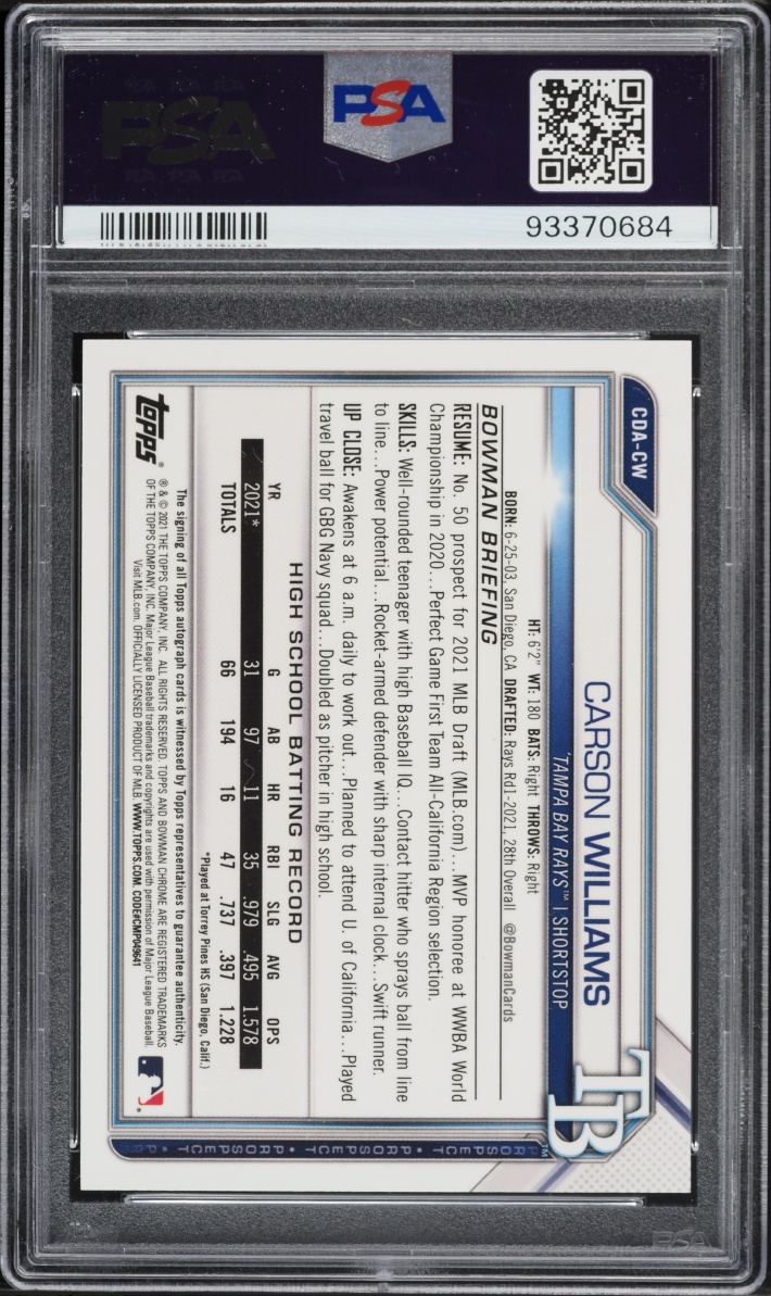 2021 Bowman Chrome Purple Refractor Carson Williams PROSPECT AUTO /250 PSA 10 GEM MINT