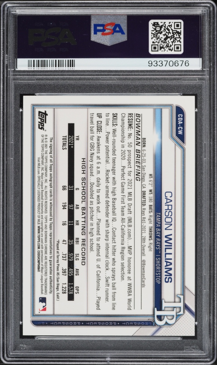 2021 Bowman Chrome Purple Refractor Carson Williams PROSPECT AUTO /250 #CDA-CW PSA 10 GEM MINT