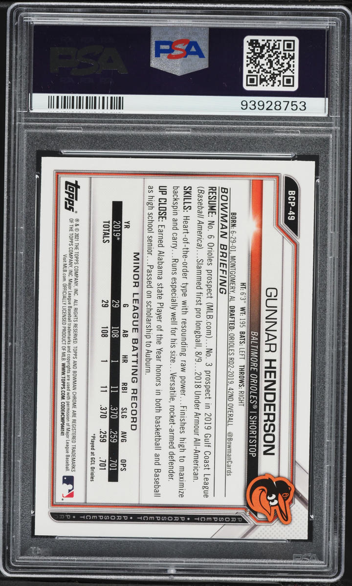 2021 Bowman Chrome Atomic Refractor Gunnar Henderson PROSPECT #BCP-49 PSA 10 GEM MINT