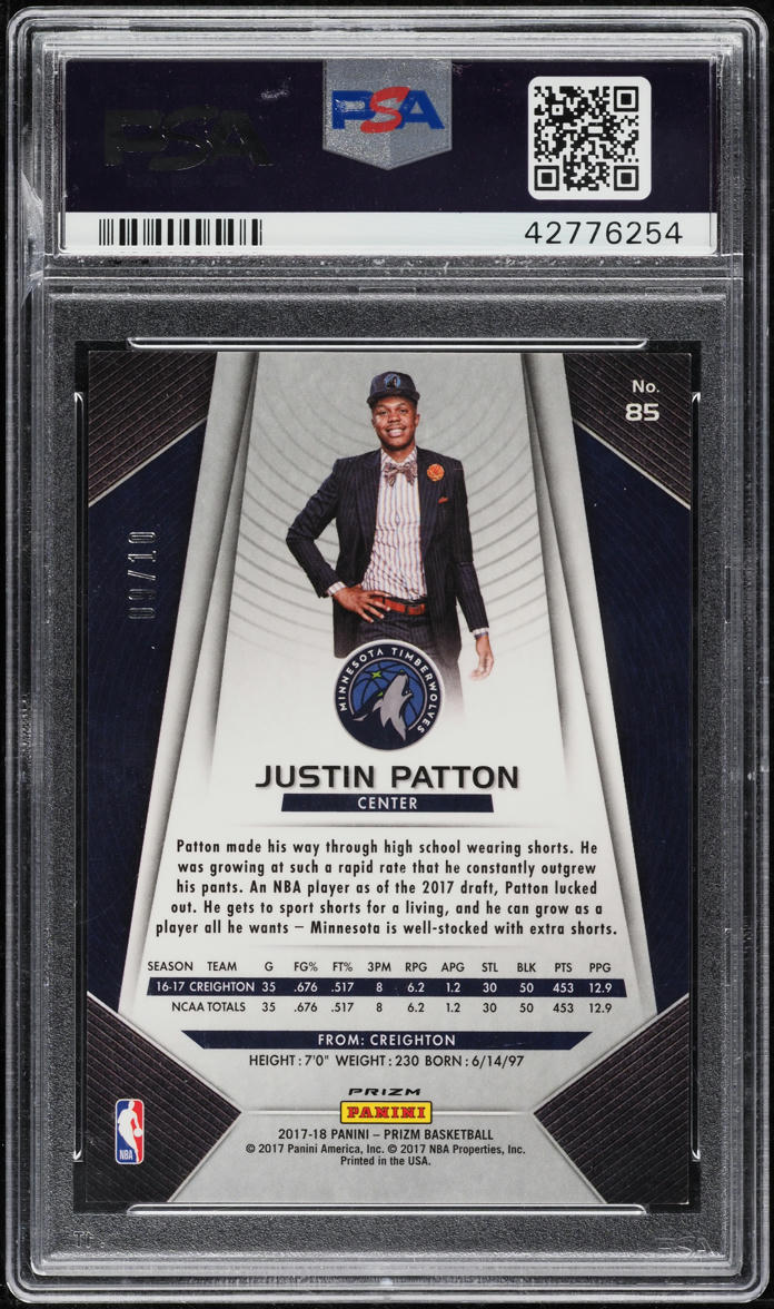 2017 Panini Prizm Gold Justin Patton ROOKIE /10 #85 PSA 9 MINT