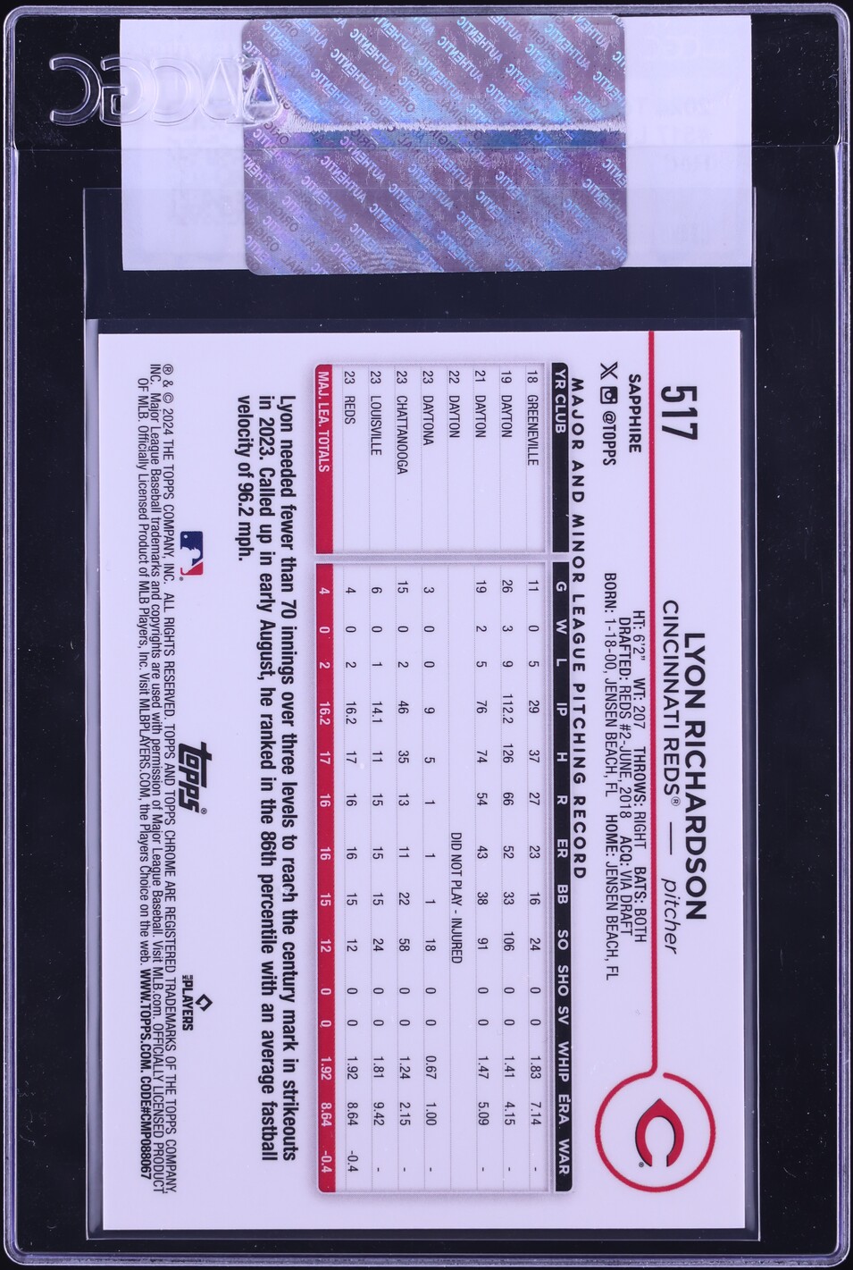 2024 Topps Chrome Sapphire Red Lyon Richardson ROOKIE /5 #517 CGC AUTH