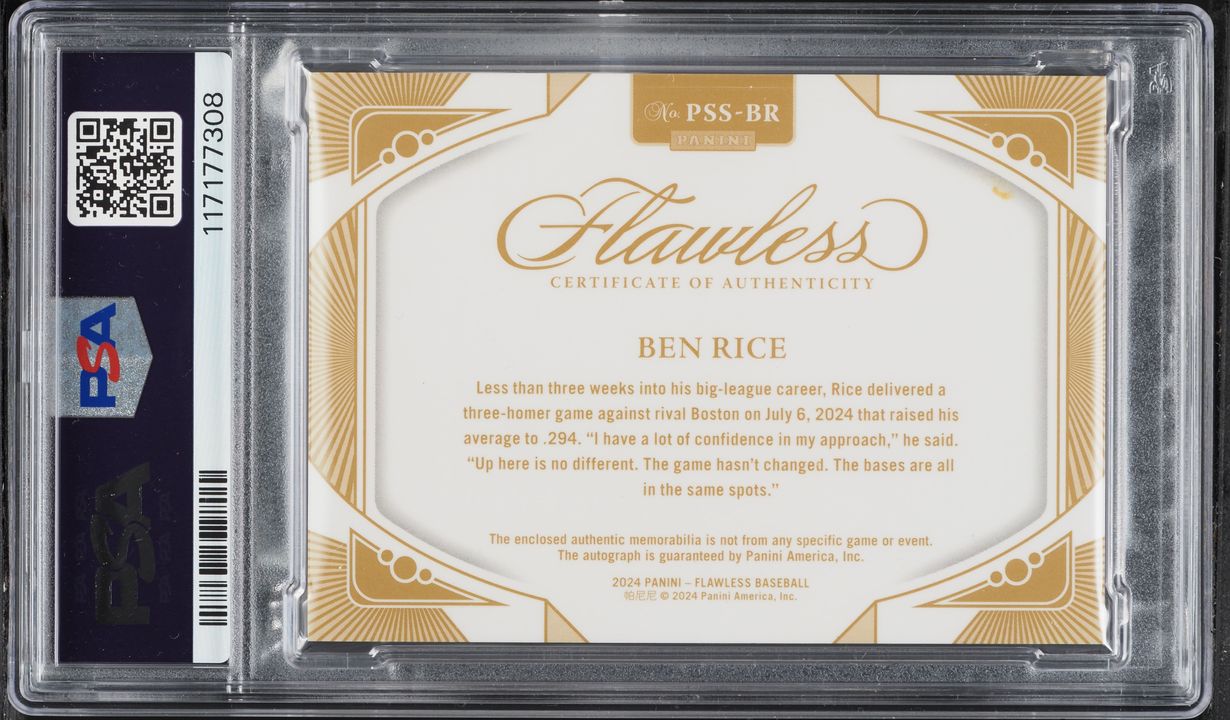 2024 Panini Flawless Prominent Ben Rice ROOKIE PATCH AUTO DNA 10 1/25 #PSS-BR PSA 6 EXMT