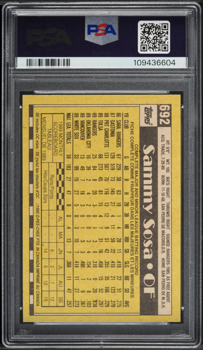 1990 O-Pee-Chee Sammy Sosa ROOKIE #692 PSA 8 NM-MT
