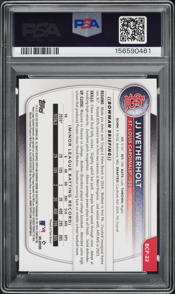 2025 Bowman Chrome Reptilian Refractor JJ Wetherholt PROSPECT #BCP-22 PSA 9 MINT