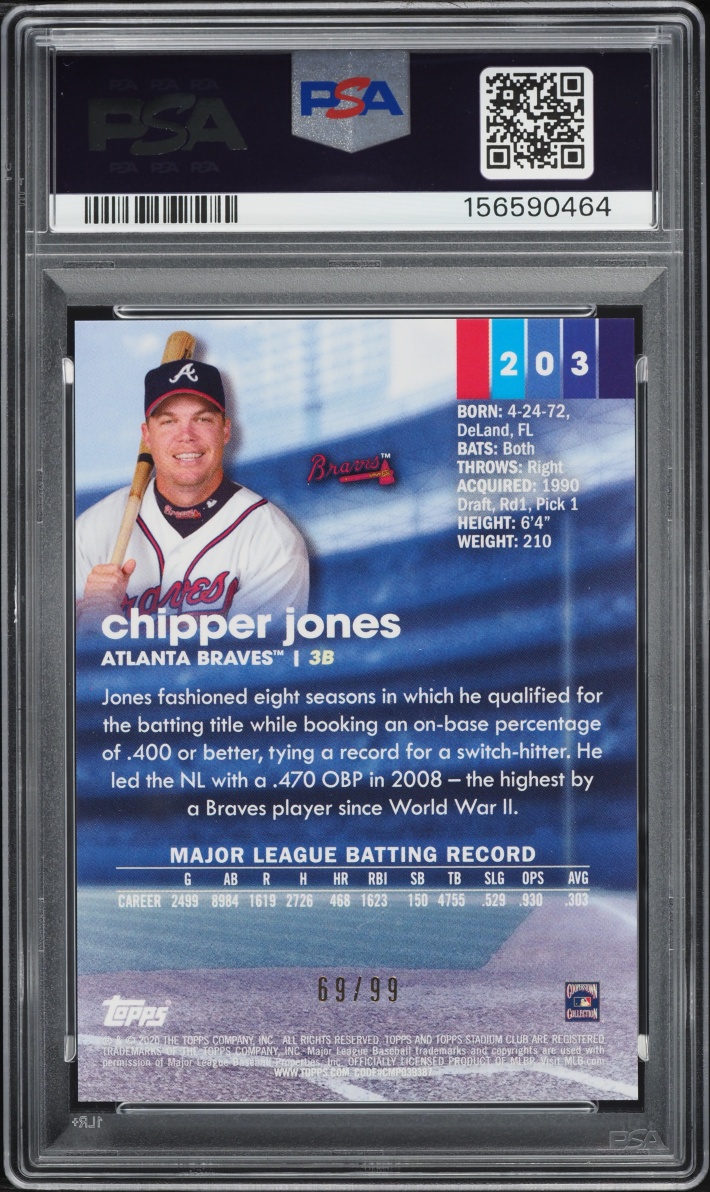 2020 Stadium Club Chrome Orange Refractor Chipper Jones /99 #203 PSA 10 GEM MINT