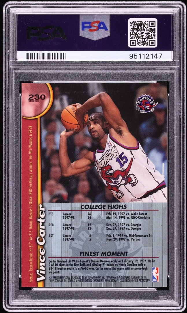 1998 Finest Refractor Vince Carter ROOKIE #230 PSA 10 GEM MINT