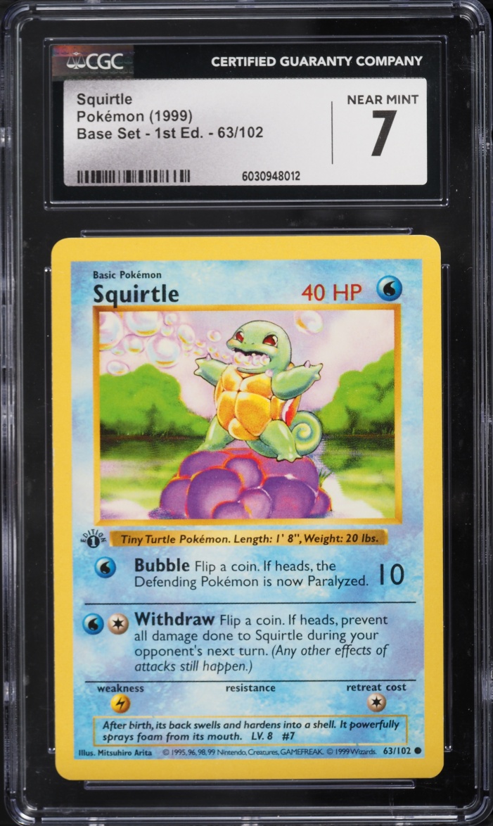 1999 Pokemon Base Set Shadowless 1st Edition Squirtle #63 CGC 7 NRMT