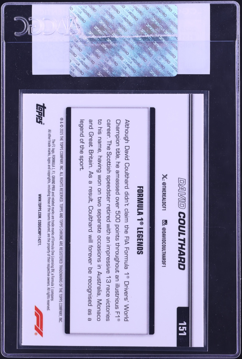 2025 Topps Chrome Sapphire Formula 1 F1 Yellow David Coulthard /75 #151 CGC AUTH