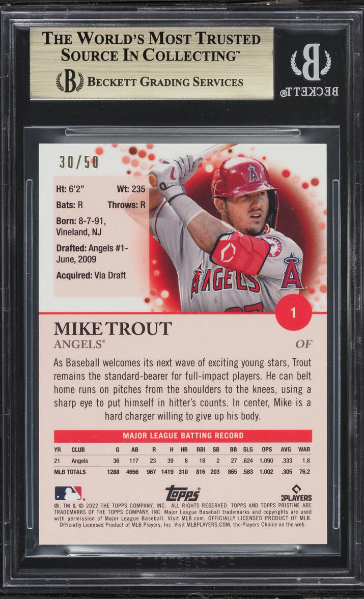 2022 Topps Pristine Gold Refractor Mike Trout /50 #1 BGS 10 PRISTINE