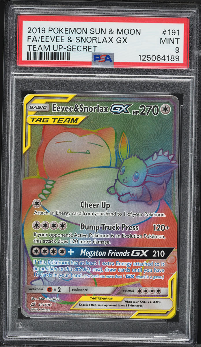 2019 Pokemon Sun & Moon Team Up Rainbow Rare Eevee & Snorlax GX #191 PSA 9 MINT