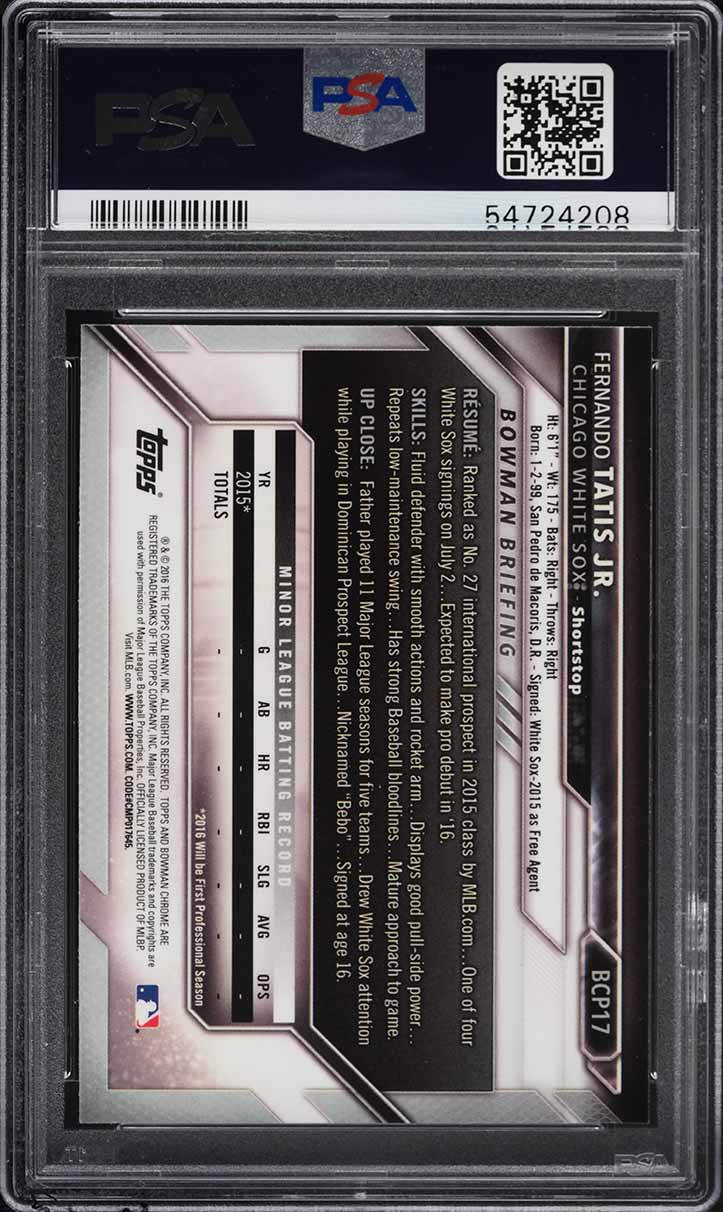 2016 Bowman Chrome Fernando Tatis Jr. PROSPECT #BCP17 PSA 10 GEM MINT