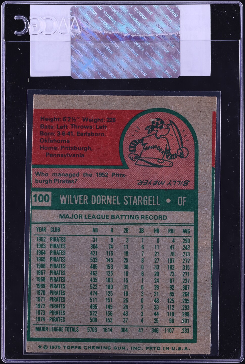 1975 Topps Willie Stargell #100 CGC AUTH