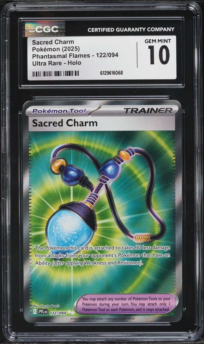 2025 Pokemon Mega Phantasmal Flames Full Art Sacred Charm #122 CGC 10 GEM MINT