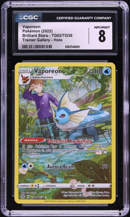 2022 Pokemon Sword & Shield Brilliant Stars Full Art Vaporeon #TG02 CGC 8 NM-MT