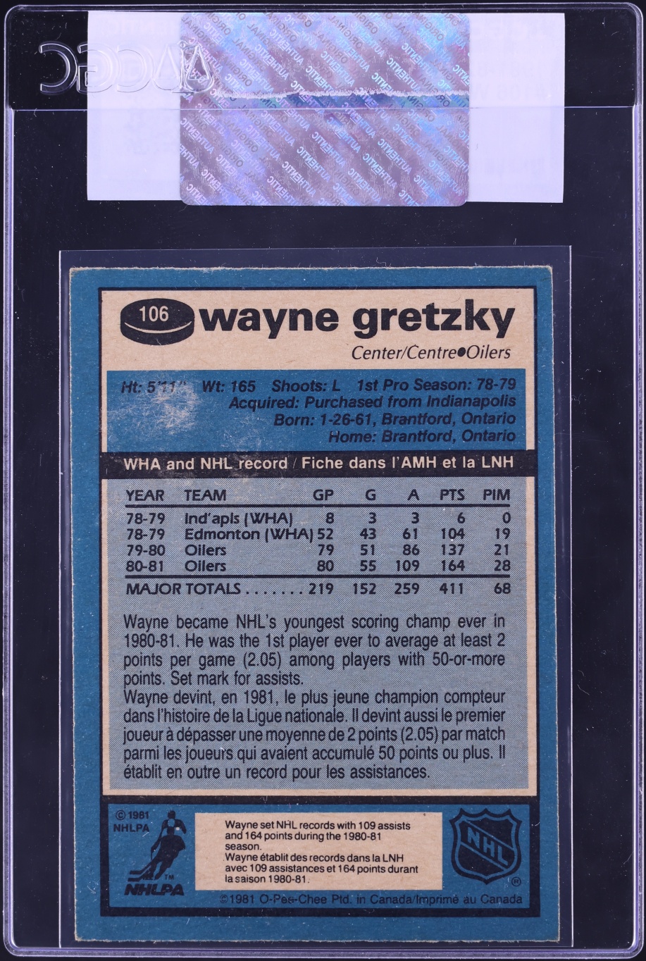 1981 O-Pee-Chee Hockey Wayne Gretzky #106 CGC AUTH