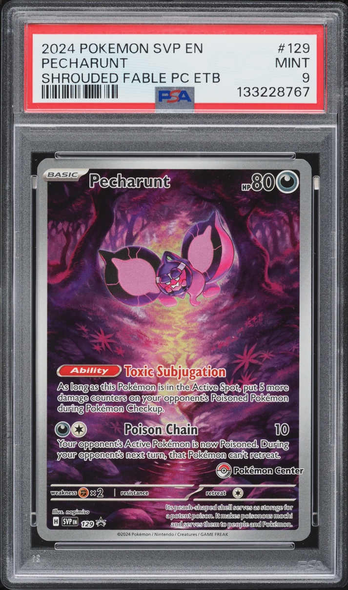 2024 Pokemon Scarlet & Violet Promo Shrouded Fable Center ETB Alt Art Pecharunt #129 PSA 9 MINT