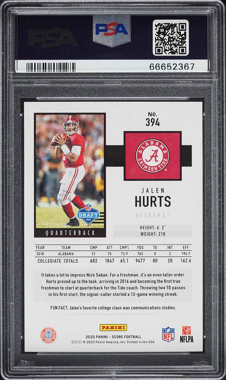 2020 Score Football Jalen Hurts ROOKIE #394 PSA 9 MINT