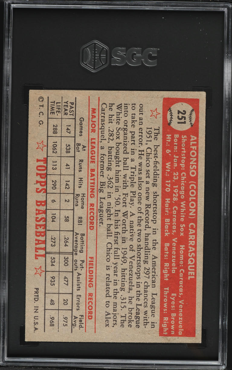 1952 Topps Chico Carrasquel #251 SGC 3 VG