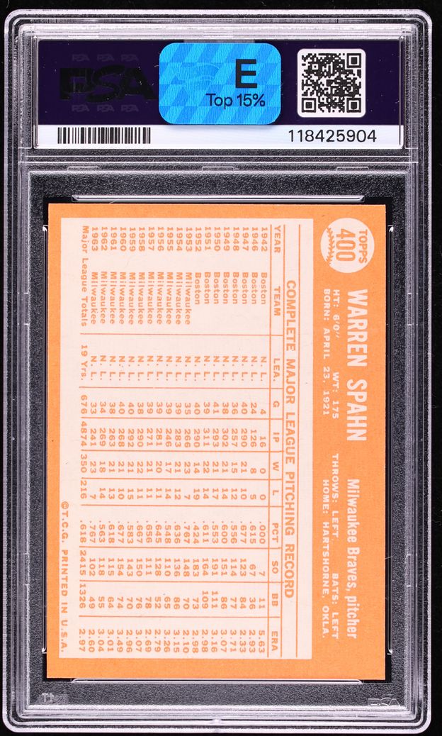 1964 Topps Warren Spahn #400 PSA 8 NM-MT