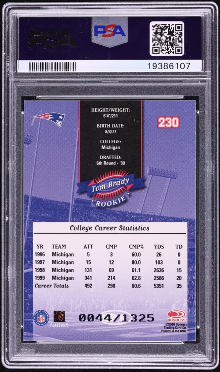 2000 Donruss Football Tom Brady ROOKIE /1325 #230 PSA 10 GEM MINT
