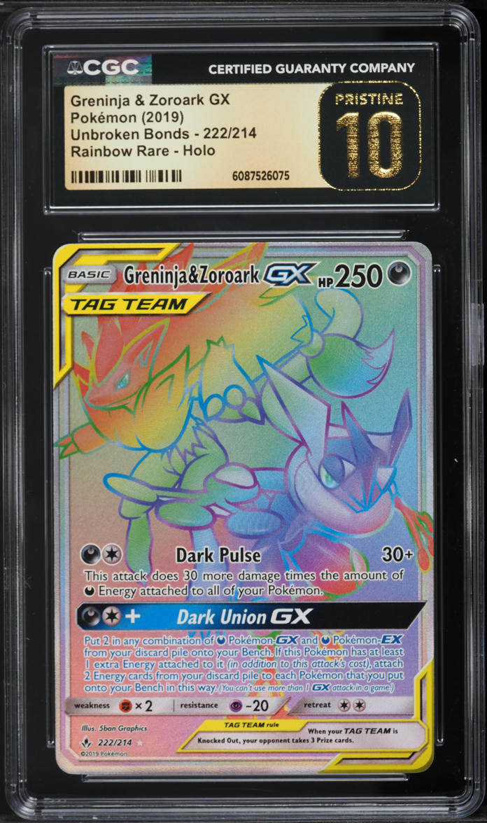 2019 Pokemon Sun & Moon Unbroken Bonds Rainbow Rare Greninja & Zoroark GX #222 CGC 10 PRISTINE
