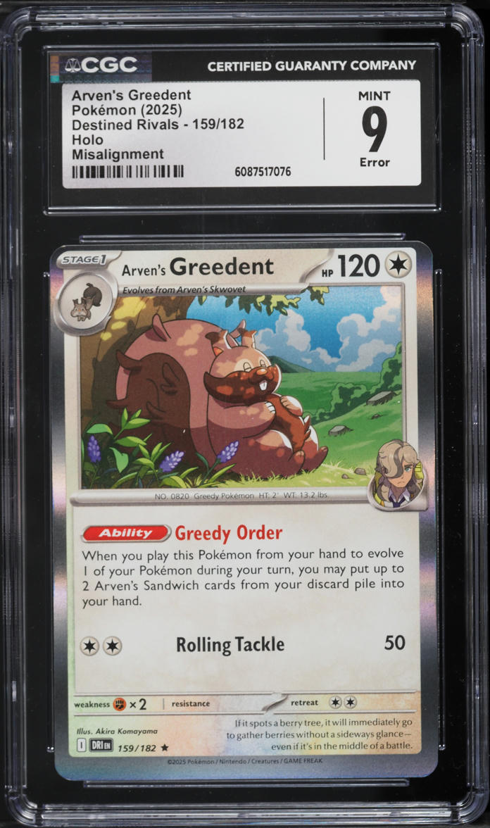 2025 Pokemon Scarlet & Violet Destined Rivals Holo Error Arven's Greedent #159 CGC 9 MINT