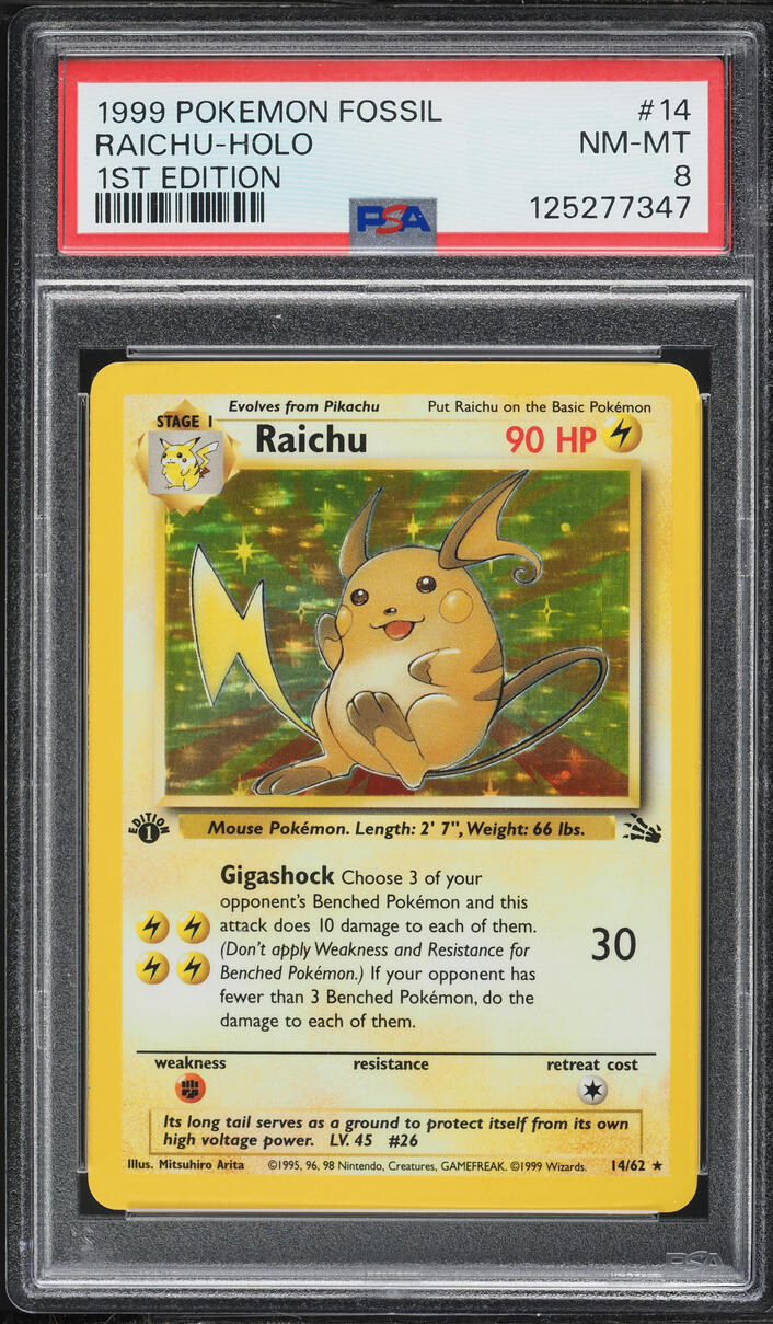1999 Pokemon Fossil 1st Edition Holo Raichu #14 PSA 8 NM-MT
