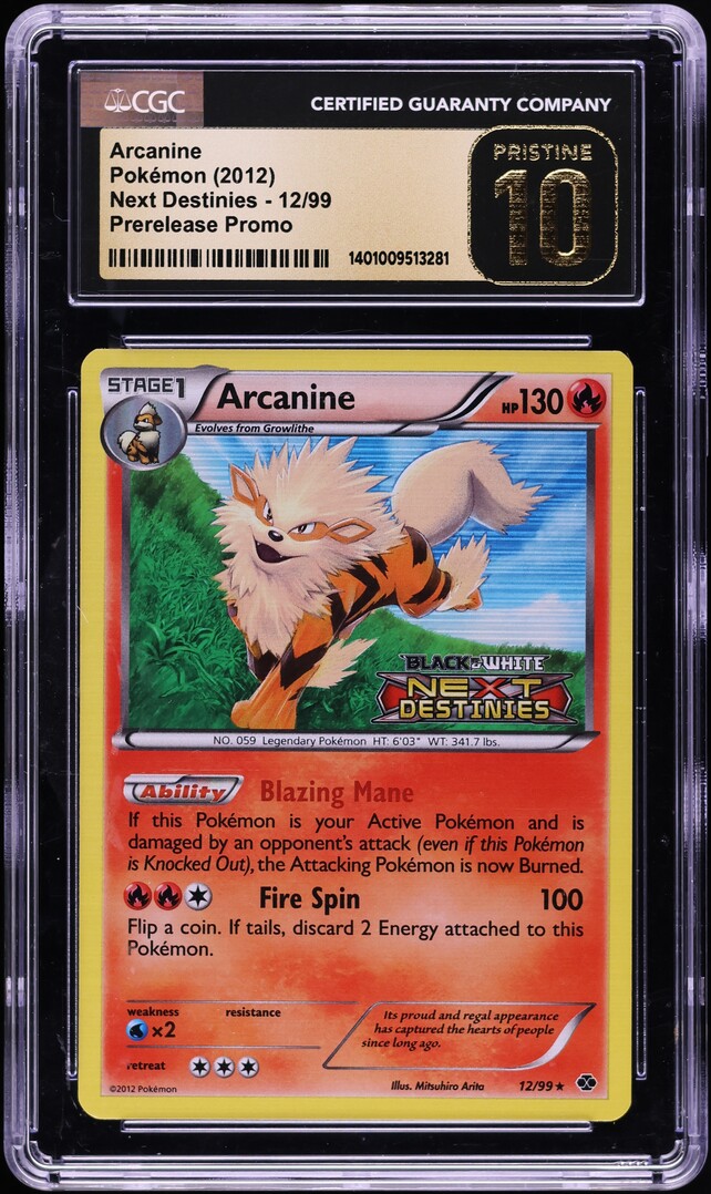 2012 Pokemon Black & White Promo Next Destinies Prerelease Arcanine #12 CGC 10 PRISTINE