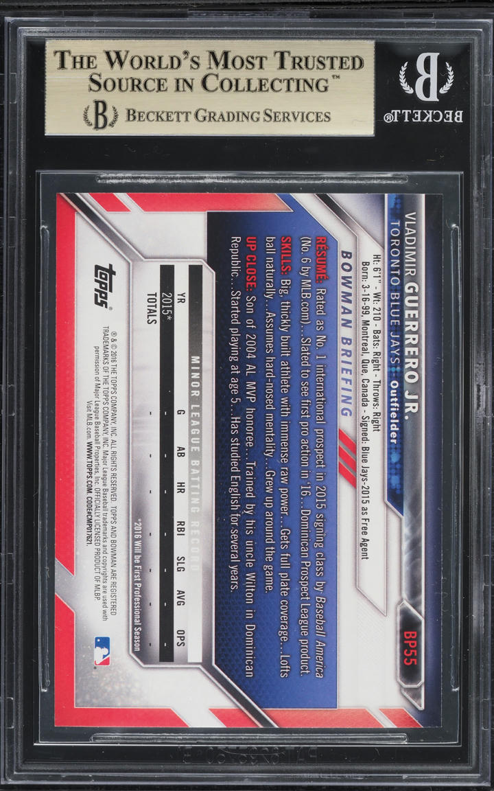 2016 Bowman Vladimir Guerrero Jr. PROSPECT #BP55 BGS 9.5 GEM MINT